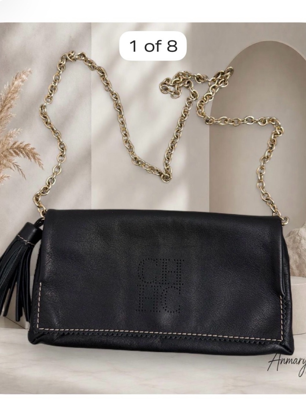 Carolina Herrera Black Leather Clutch with Gold Chain and Tassel